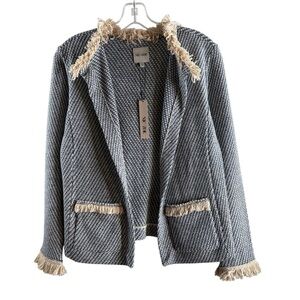 NIC & ZOE X-SMALL BLUE/CREAM WEAVE LONG SLEEVE OPEN FRONT SWEATER NWT $218